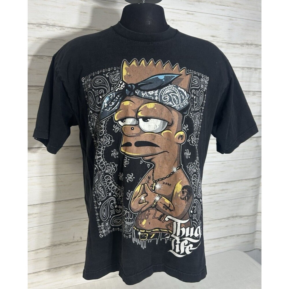 Vtg. Bart Simpson Black THUG LIFE T-Shirt Pro Club Heavy Weights 2PAC Rap XL Men